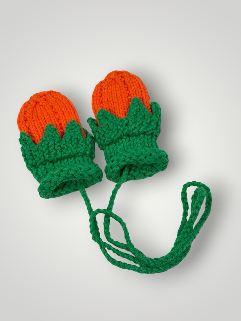 Hand-Knit Orange & Green Kids Mittens with Attached String  0-12 Months - Picture 9 of 10